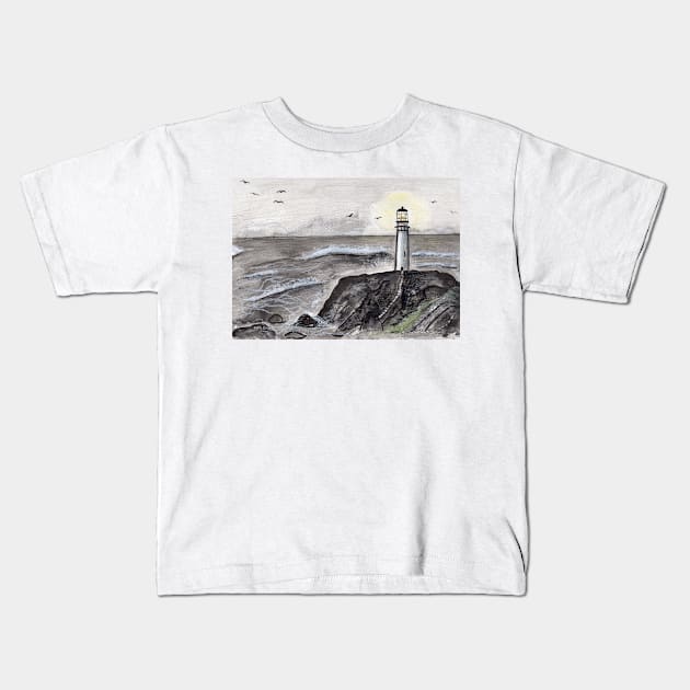 Expressive Lighthouse Mixed Media Painting Kids T-Shirt by Sandraartist